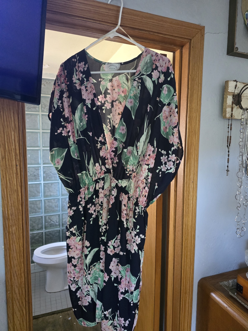 Janette Plus Black Floral Wrap Dress with Pink and Green Print